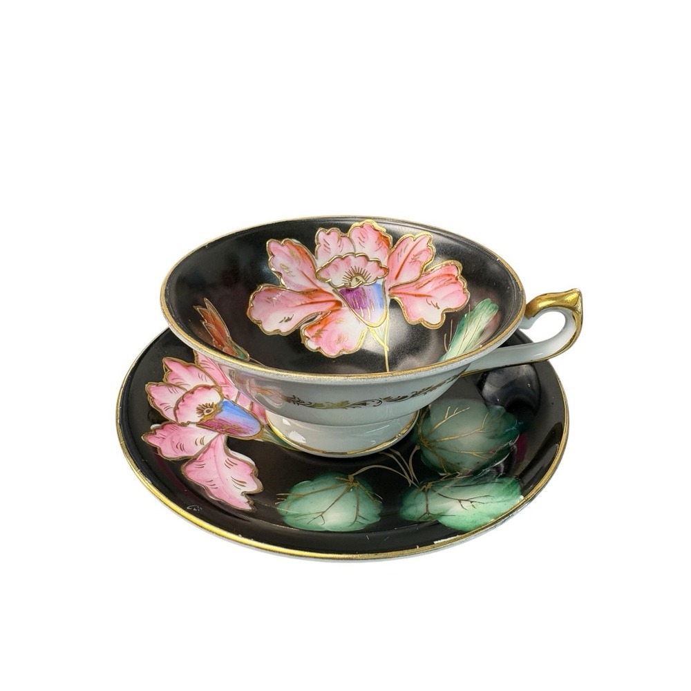 Vintage Trimont Hand Painted Black Floral‎ Teacup & Saucer Japan
